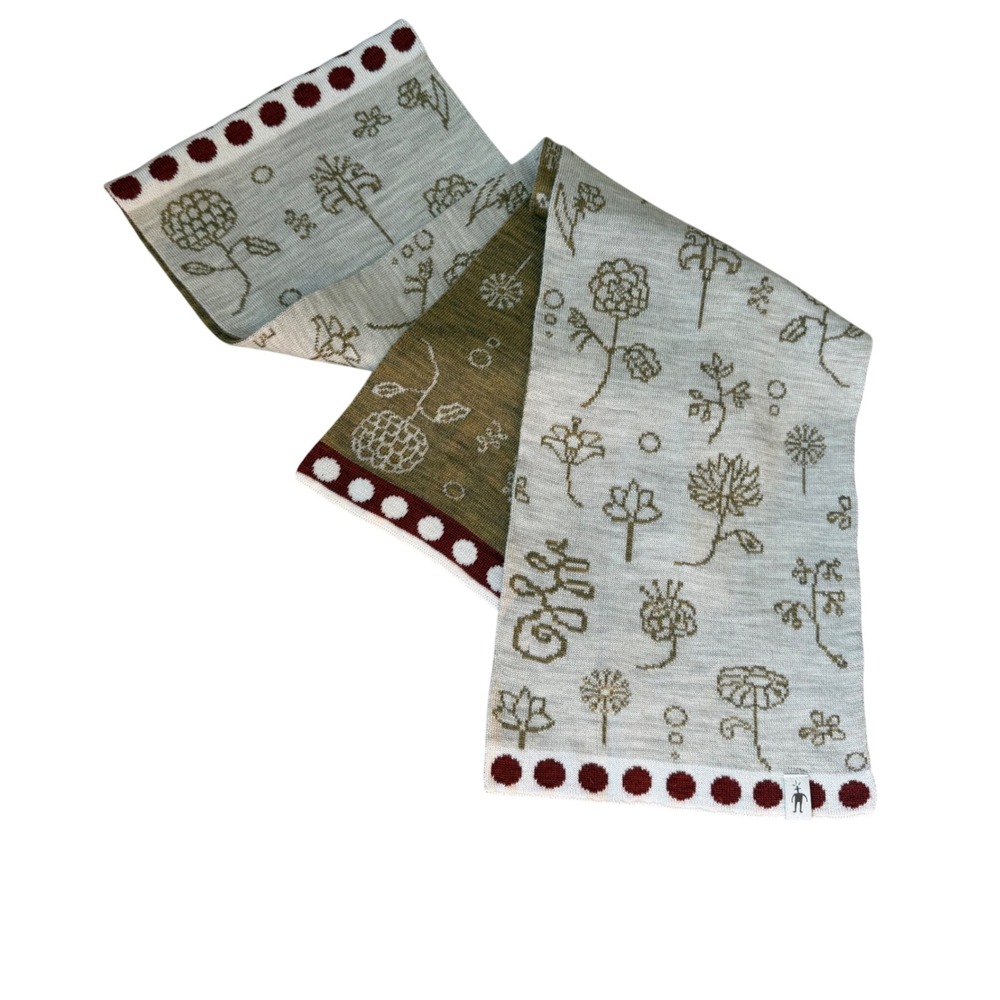 Smartwool Scarf 100% Merino Wool Reversible Botanical Knit Cream Olive Green